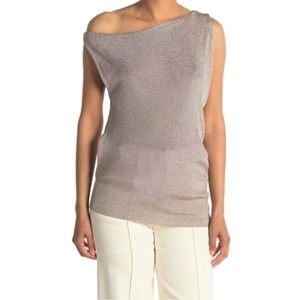 REISS Brigette Metallic Sleeveless Drape Neck Top, Silver Grey, Large